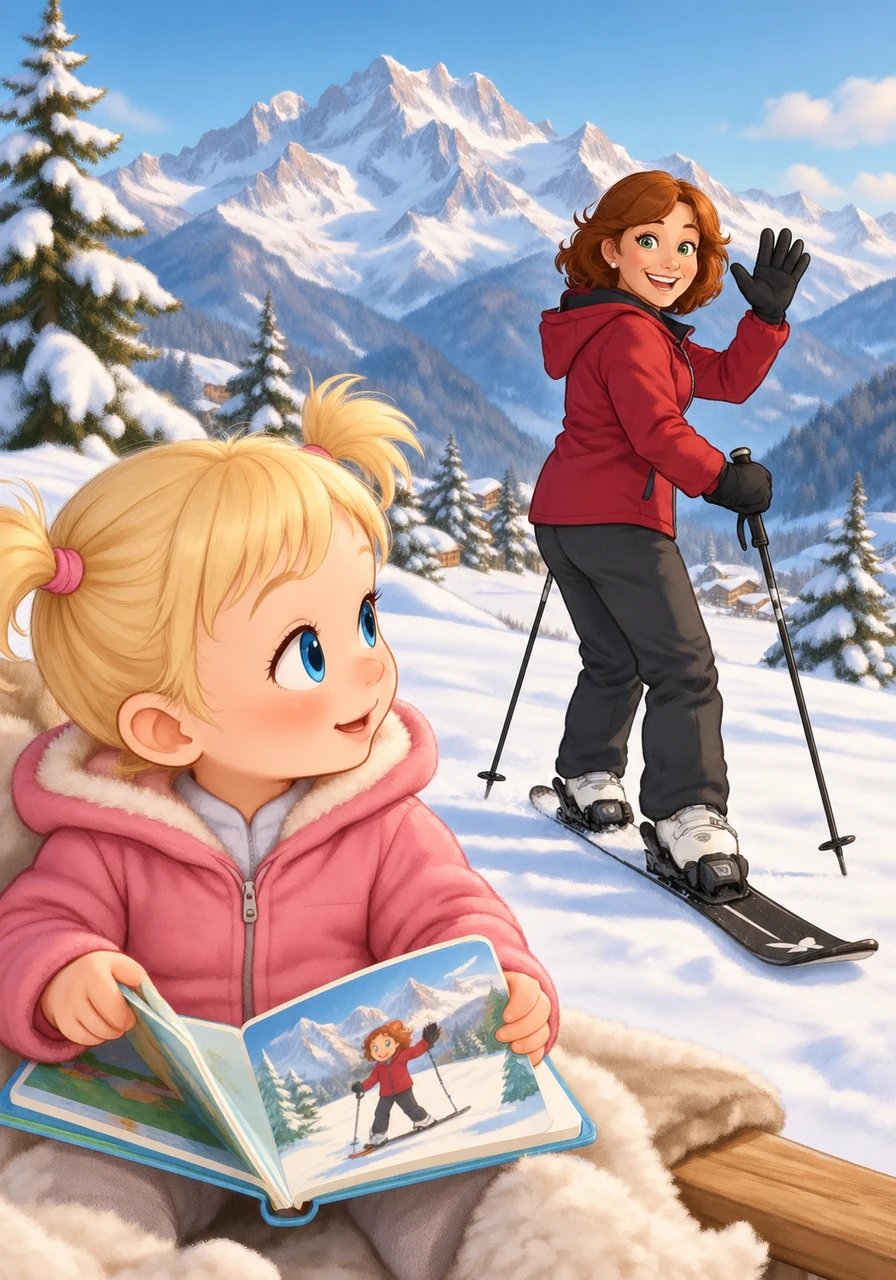 Click, clack! Vovó Carla steps onto her black Blizzard Black Pearl skis out in the fresh snow. The breathtaking mountains of Antagnod in the Monte Rosa massif tower high in the sky. Thea turns a board-book page, looking intently as Vovó Carla gives a playful wave.