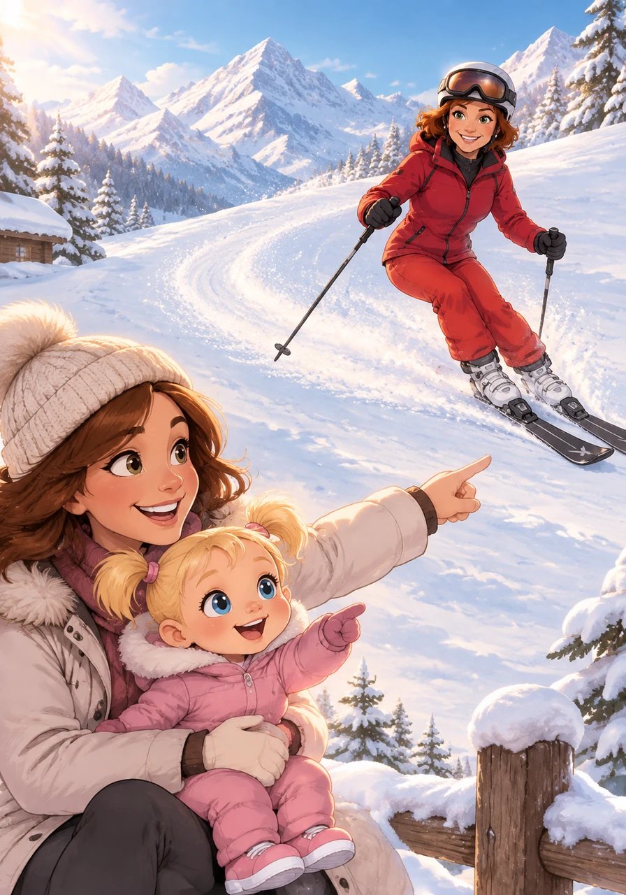 Swoosh, swoosh, swoosh! Down the gentle snowy hill Vovó Carla glides like a big red bird. The chilly breeze tickles her cheek, and her auburn hair tucks under her helmet. Lucy holds baby Thea, pointing towards the sparkling trail.