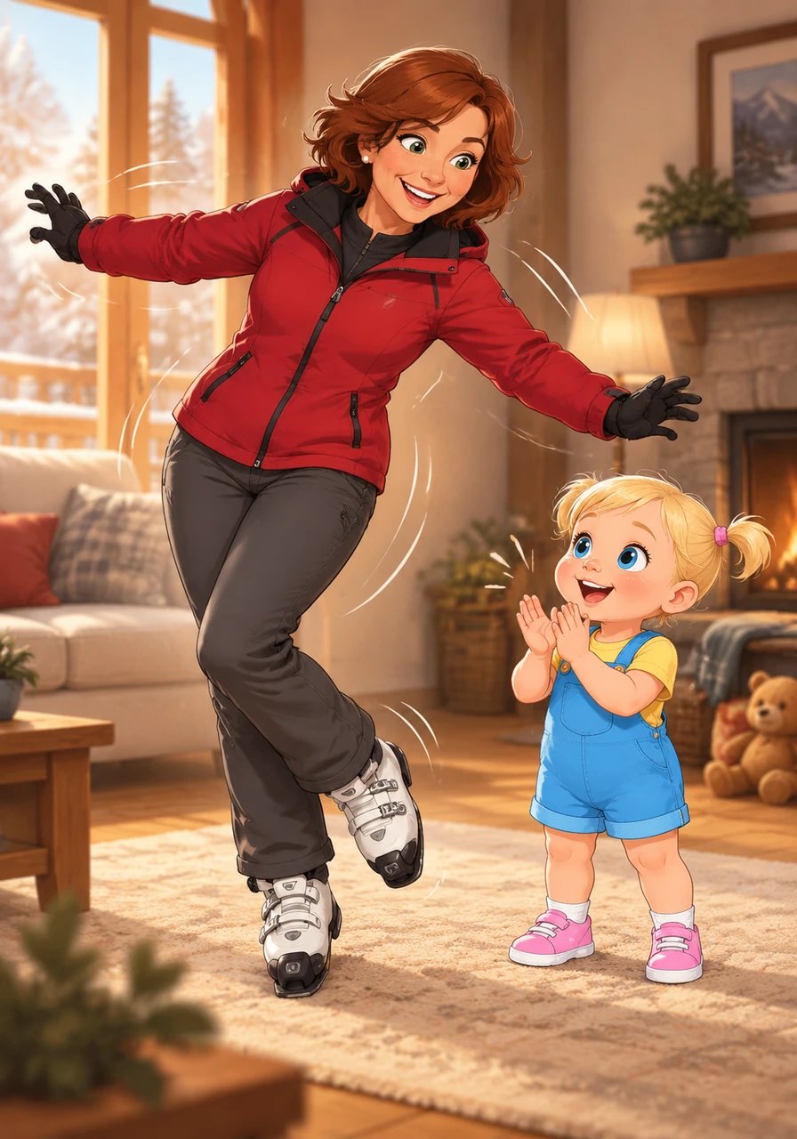 Oh dear, a sudden silly wobble! Vovó Carla sways to the left and sways to the right, balancing with a broad, cheerful grin. Thea giggles and claps her tiny hands with delight as Vovó Carla safely recovers with a big spin.