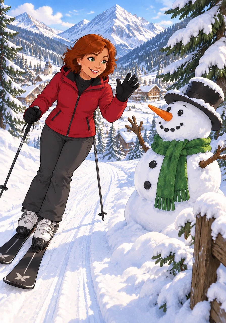 Swoosh, swoosh, wave! Vovó Carla glides right past a jolly snowman sitting by the Antagnod trail. The snowman wears a green scarf, and Vovó Carla tilts her head to say hello. Bright white snowflakes dust the pine trees around them.