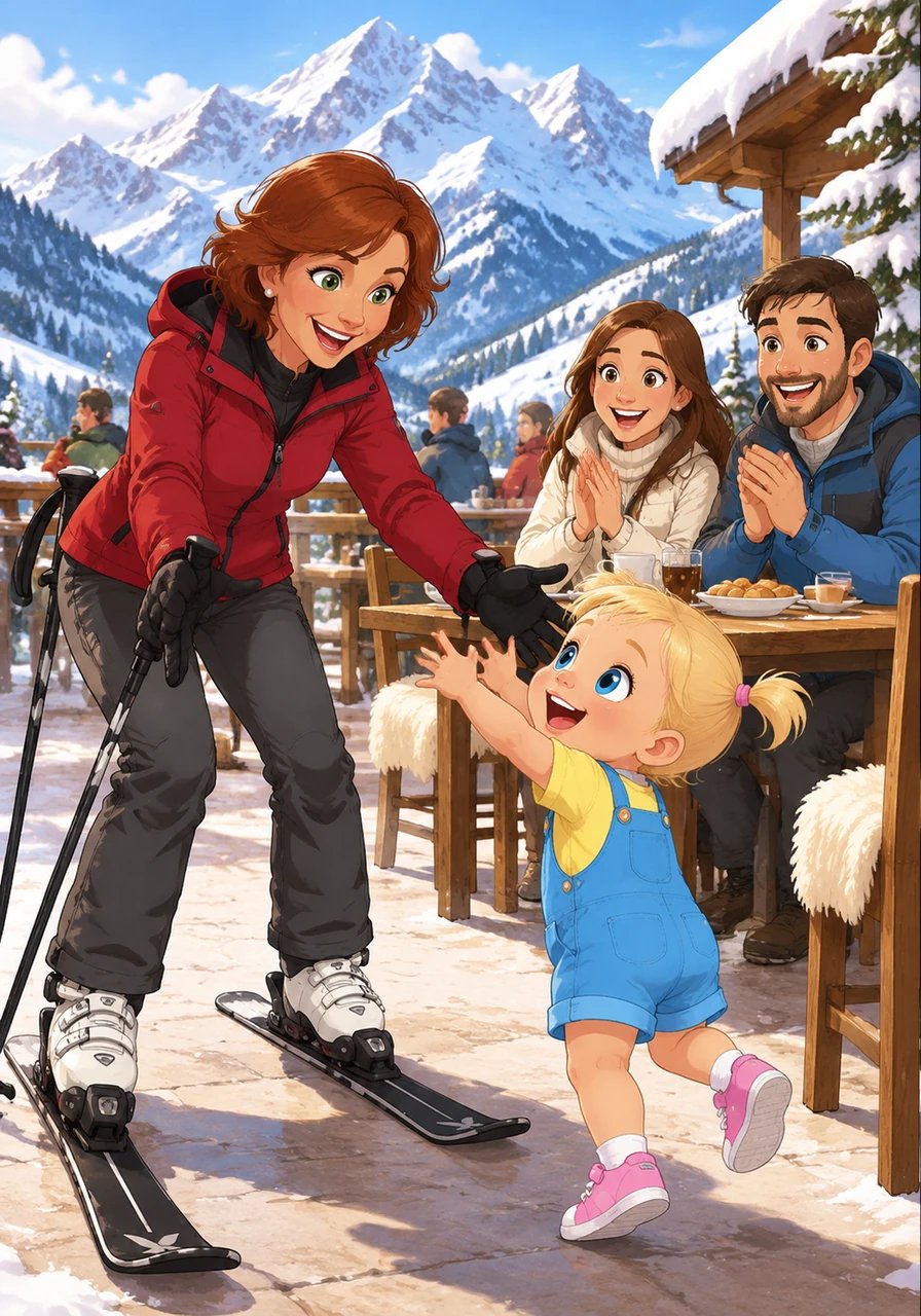 Swish! Vovó Carla makes a perfect, smooth stop near the sunny outdoor dining terrace. Lucy and Francisco cheer, while little Thea reaches out her small arms. It is time for a delicious family break in the fresh mountain air.
