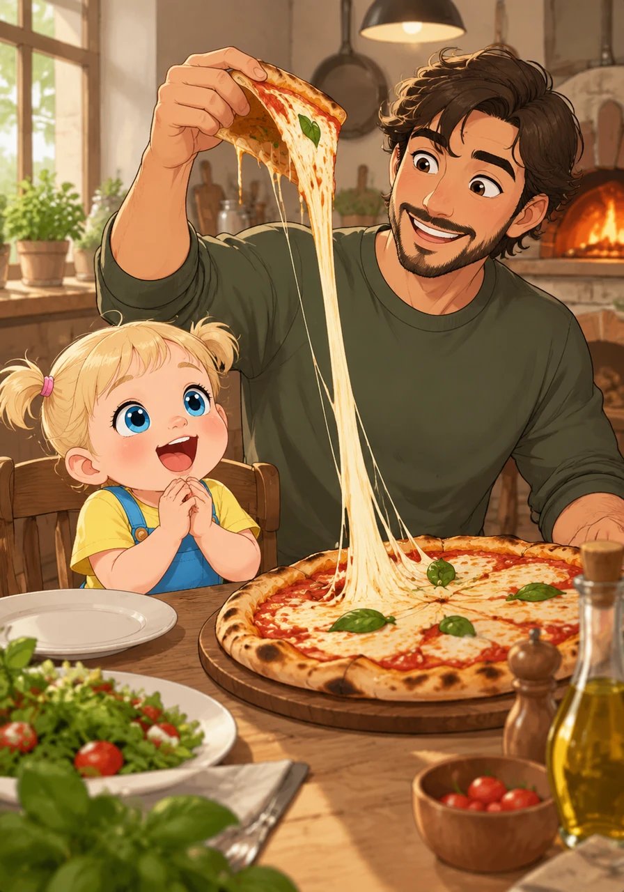 Dad Francisco brings out a warm, tasty pizza fresh from the oven! Long, stretchy cheese makes a silly loop as he picks up a slice. Thea opens her mouth wide with a happy squeal, enjoying the wonderful lunch sight.