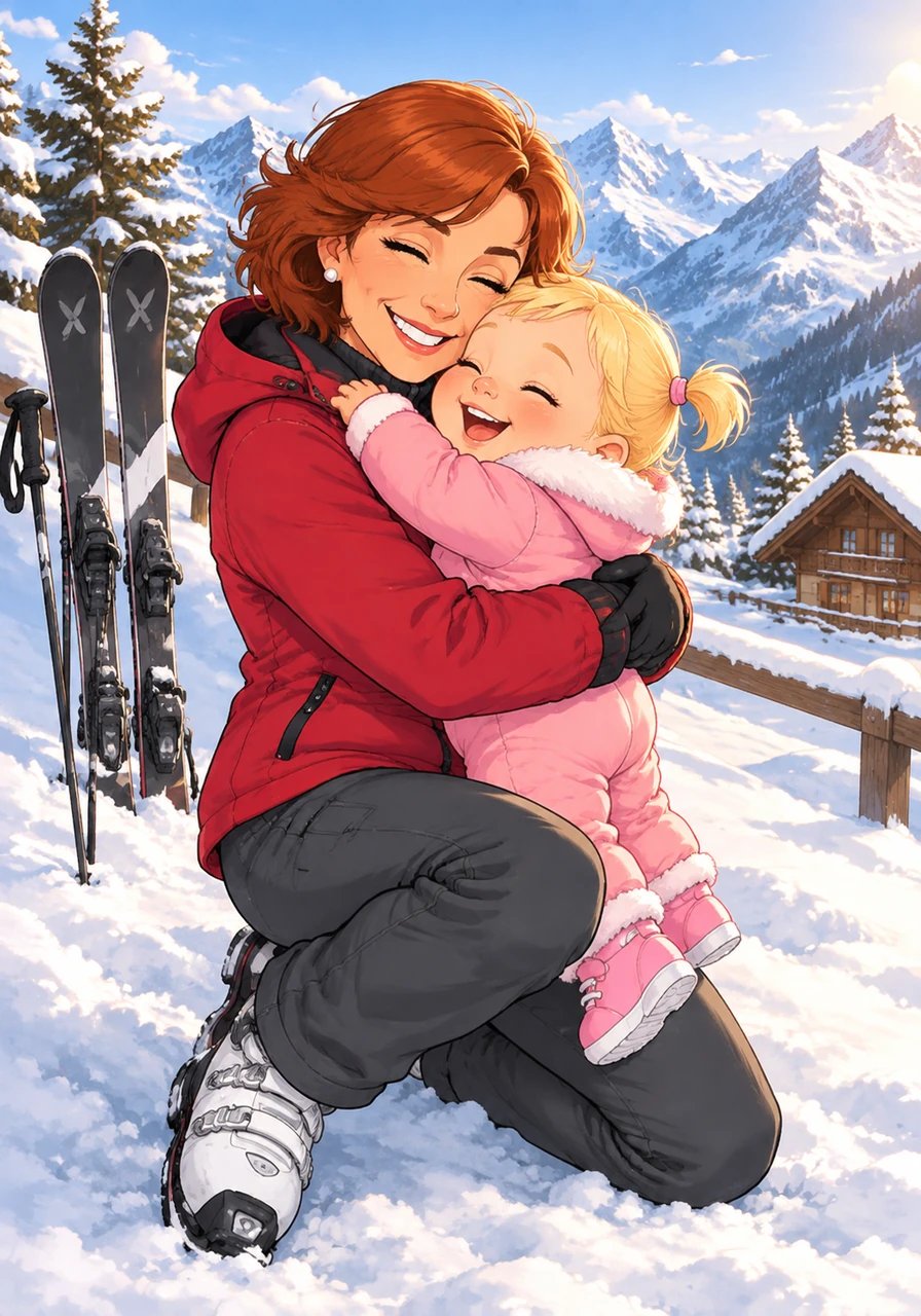 Click, unclick! Vovó Carla steps out of her skis and wraps baby Thea in a warm, cozy hug. She softly whispers, 'One day, you will glide across these snowy mountains with me, sweet Thea.' Thea snuggles closely against her grandmama's soft jacket.