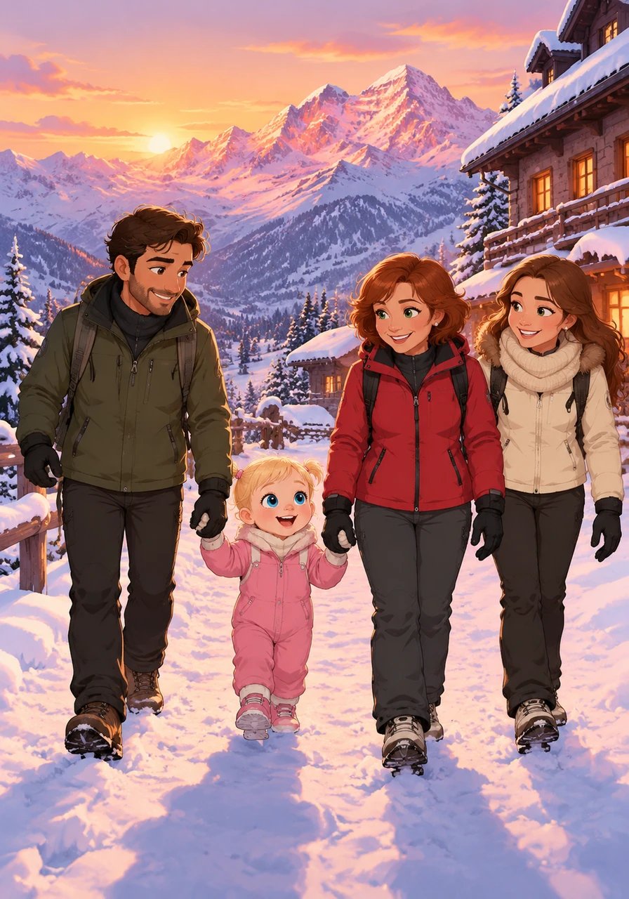 The afternoon sun slowly dips behind the Monte Rosa massif, painting the snowy peaks in lovely shades of soft pink and warm gold. The happy family walks together through the quiet snow back towards Hotel Castor.