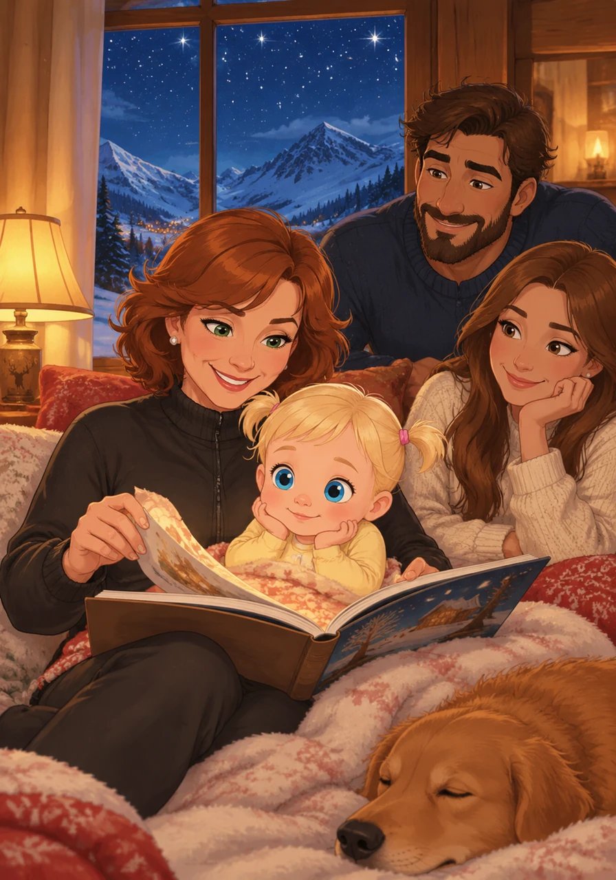 Inside their cozy room at Hotel Castor, Thea turns the final page of her picture book while resting in Vovó Carla's lap. Lucy and Francisco relax nearby as the mountain stars shine bright outside. Goodnight snowy slopes, goodnight funny skis, and goodnight sweet little Thea!