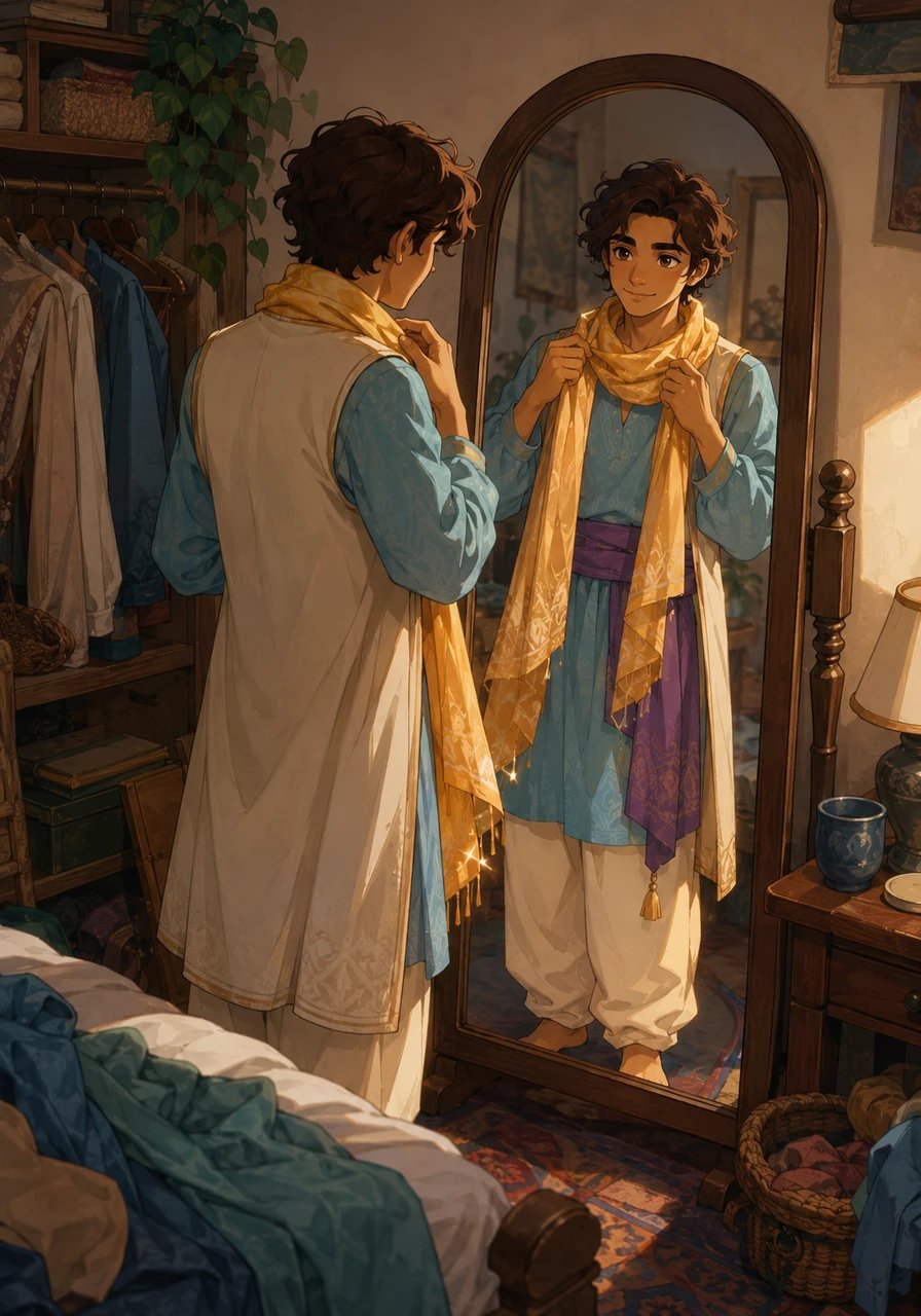 A slender young man named Elias stands in front of his cluttered bedroom mirror, a look of contemplation on his face. He’s dressed in his usual baggy clothes, but his eyes are fixed on a beautiful, delicate silk scarf that he just found at a vintage shop. This moment of curiosity marks the beginning of a quiet exploration within himself.