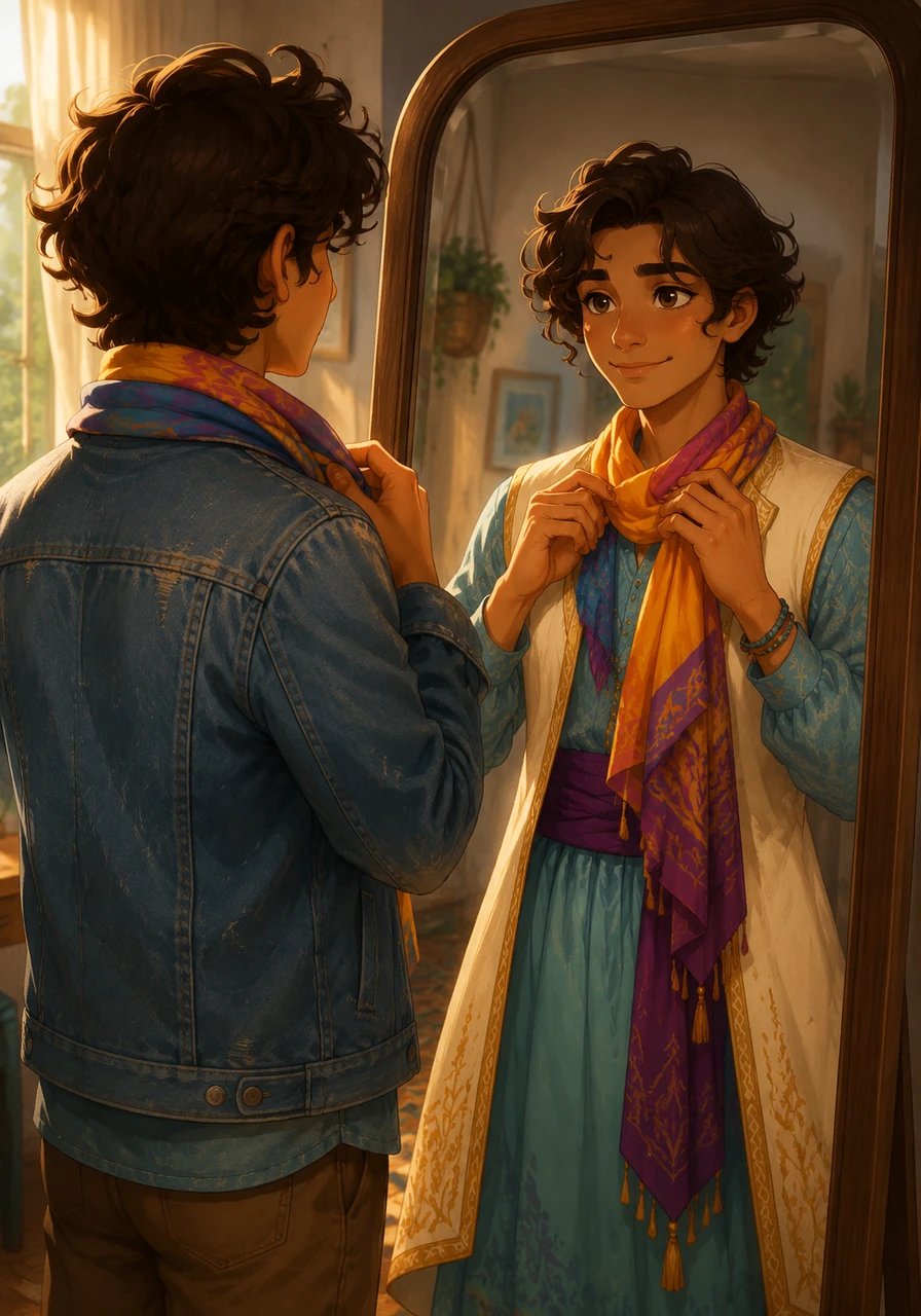 The simple scarf feels incredibly soft in his hands, unlike the rough denim he usually wears. Tentatively, Elias wraps the silk around his neck, letting its bright colors drape elegantly against his shirt. He sees a different, more fluid version of himself emerging in the glass.