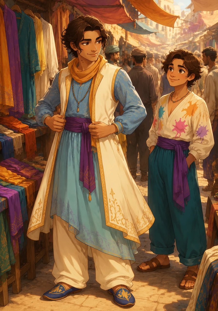 Walking through the crowded street market, Elias feels a pull towards a stall filled with flowing tunics and soft knitwear. He purchases a long, cream-colored vest and a pair of wide-legged trousers that flow with each step. These new garments feel liberating, breaking the rigid lines he was used to.