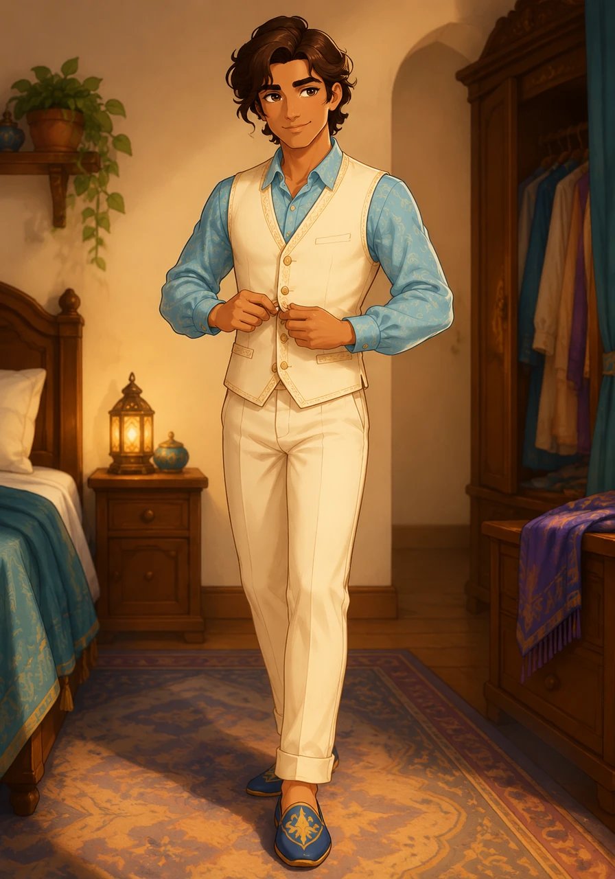 Back in his room, Elias tries on the cream vest and trousers, adjusting them with practiced care. He finds himself practicing a softer stride, noticing how his new attire alters his posture and presence. He smiles, a feeling of grace replacing his usual self-consciousness.