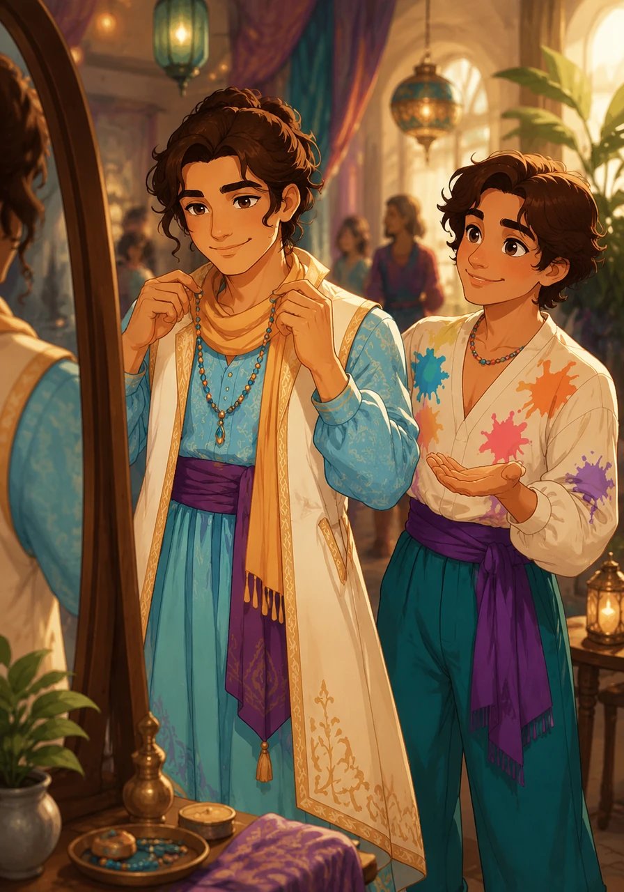 A friend invites Elias to a creative gathering, inspiring him to explore his style further. He finds that adding a simple, beaded necklace changes the energy of an outfit completely. The delicate jewelry adds a touch of brightness and refinement that feels increasingly like *him*.