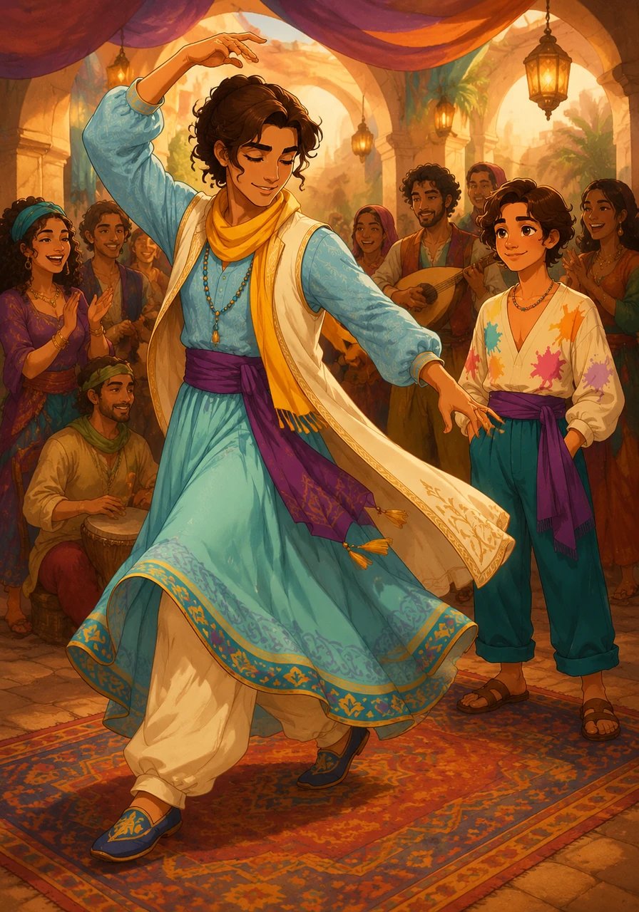 At the gathering, surrounded by dancers and musicians, Elias feels a new sense of belonging. The way the artists express themselves freely encourages him to finally move with the same fluidity he’s felt inside. For the first time, he isn't trying to hide his natural poise, allowing his movements to become a form of art.