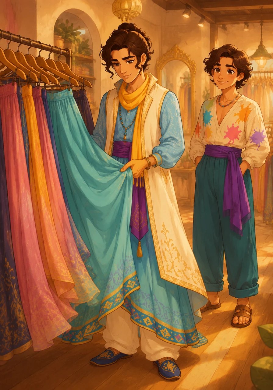 While browsing a boutique, Elias is drawn to a long, flowing skirt that twirls beautifully as he brushes against it. Though nervous, he decides to purchase it, ready to fully embrace the elegant aesthetic that makes him feel most comfortable and authentic.