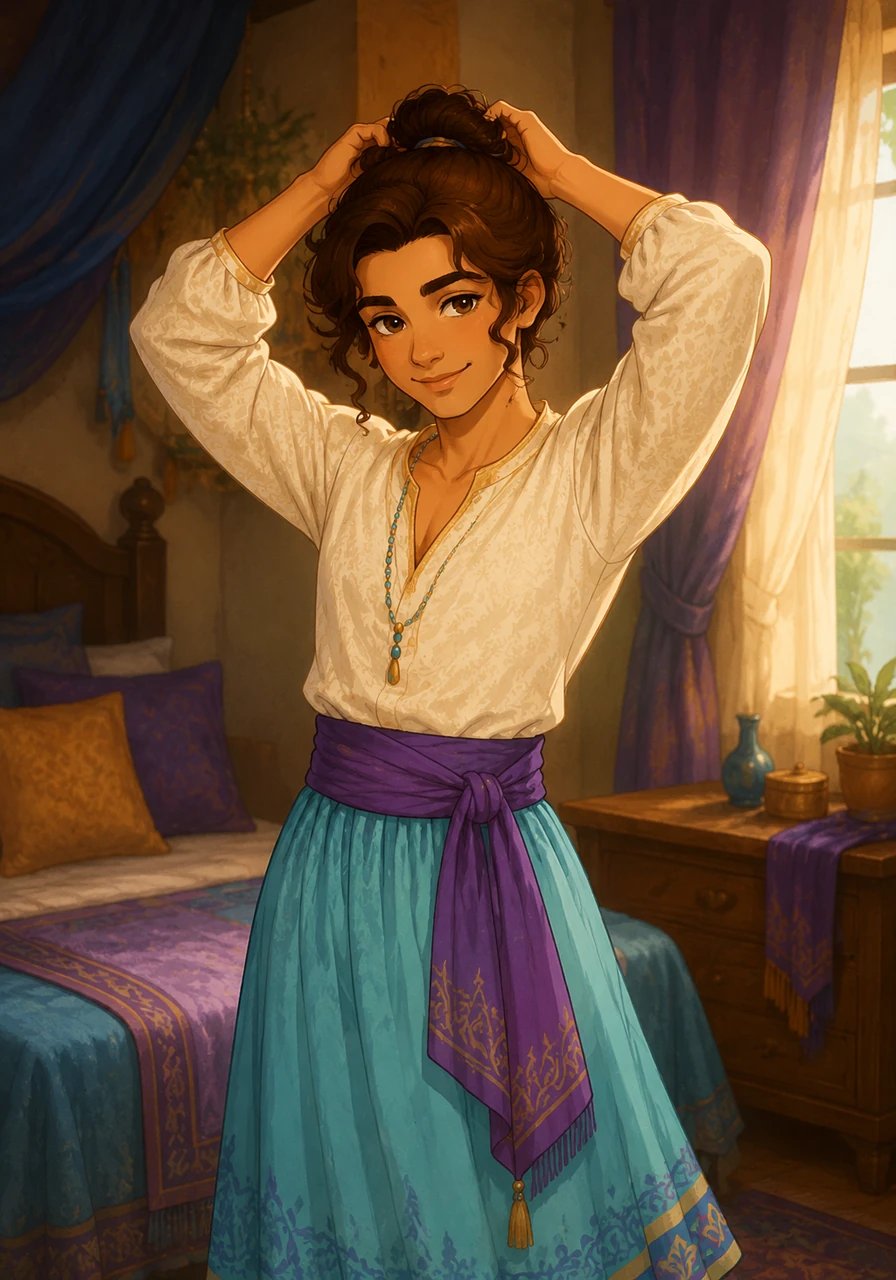 Elias stands in his room, now dressed in the long skirt, the beaded necklace, and a soft, patterned tunic. He tries sweeping his long hair into a soft bun, framing his face in a way that feels right. The transformation is striking, reflecting a person who is graceful and confident in their own skin.