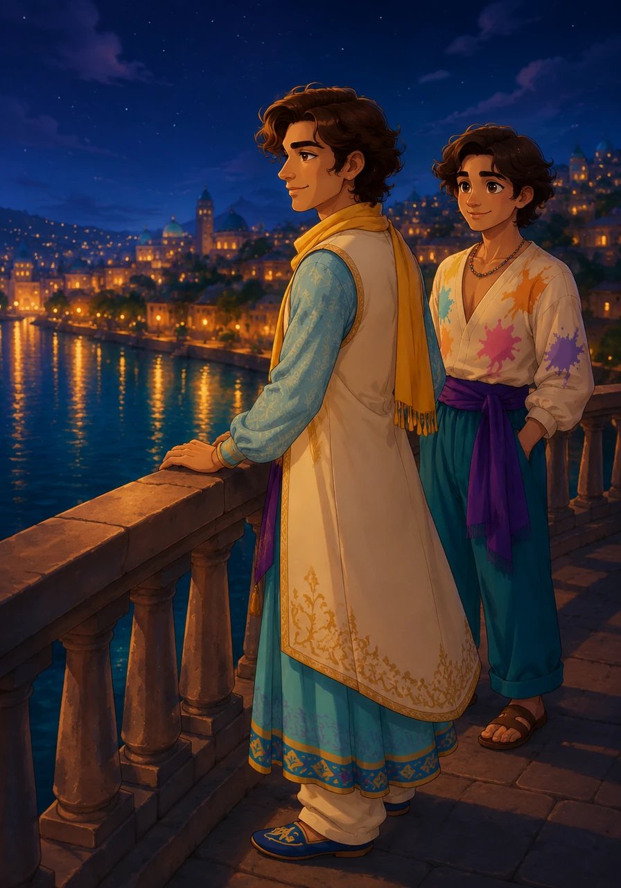 Standing on a bridge, Elias looks out at the city lights reflecting on the water. He feels completely himself, comfortable, and beautiful in his own unique expression. The journey wasn't about becoming someone else, but about having the courage to finally become the person he always was.