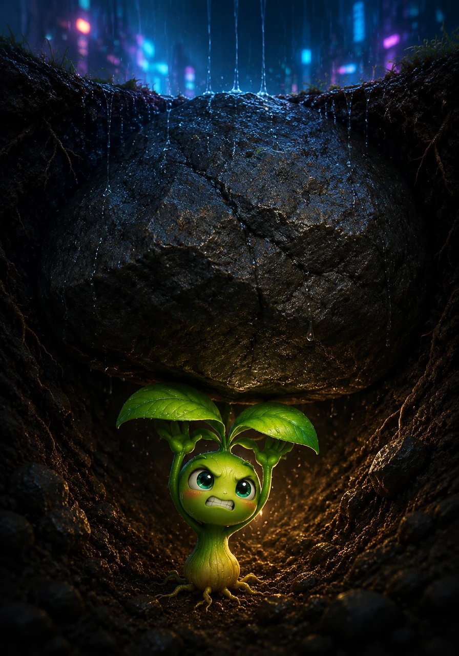 When the gentle spring rain began to fall, soaking the earth with life, Sunny gathered all his might and began to push upward. Suddenly, his fragile green shoot bumped into a heavy, dark rock that completely blocked his path to the surface.