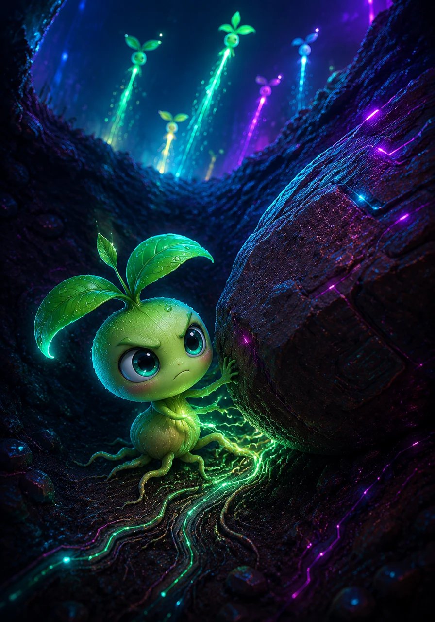 As the other seeds sprouted quickly and moved ahead, Sunny felt stuck and discouraged in the dark earth. Remembering Farmer Ben's wise words that success comes from never stopping, he took a deep breath, wiggled his tiny root, and carefully found a way around the giant stone.
