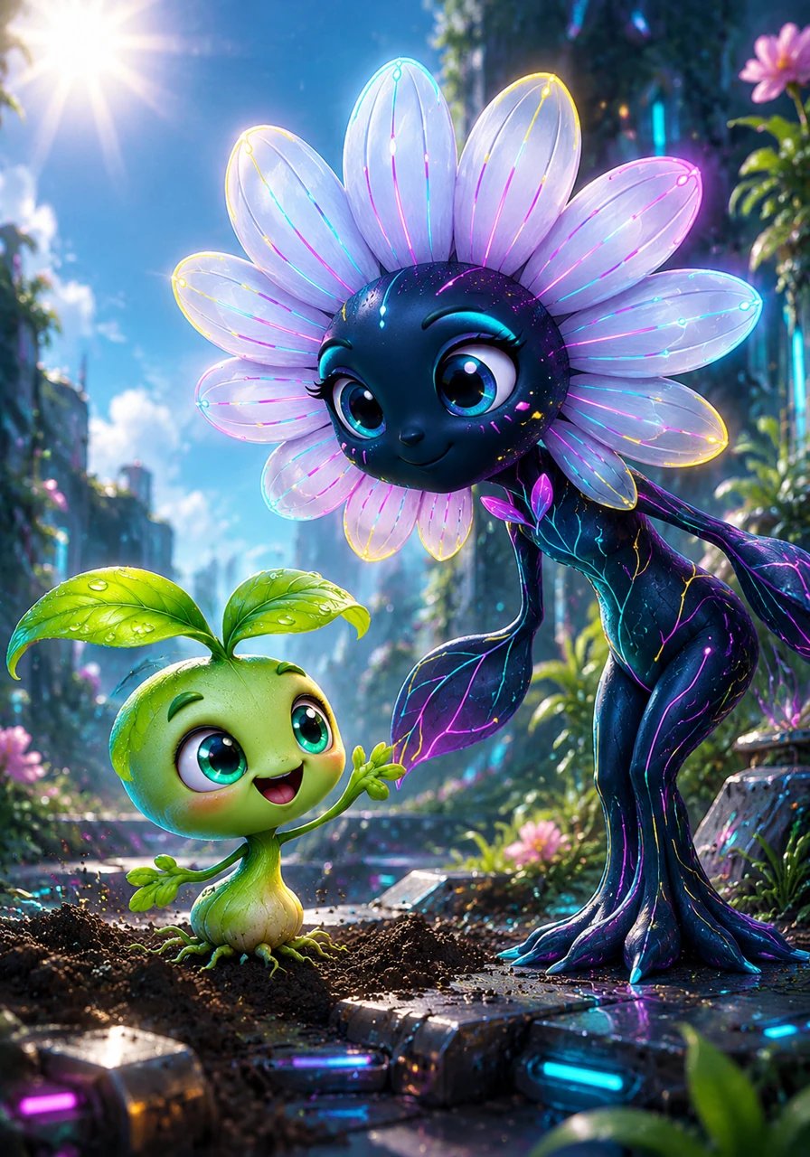 Breaking through the soil at last, Sunny blinked in the warm, brilliant sunlight and looked up at the vast blue sky. A kind young flower named Daisy welcomed him to the garden, gently reminding him that every single plant grows beautifully at its own pace.