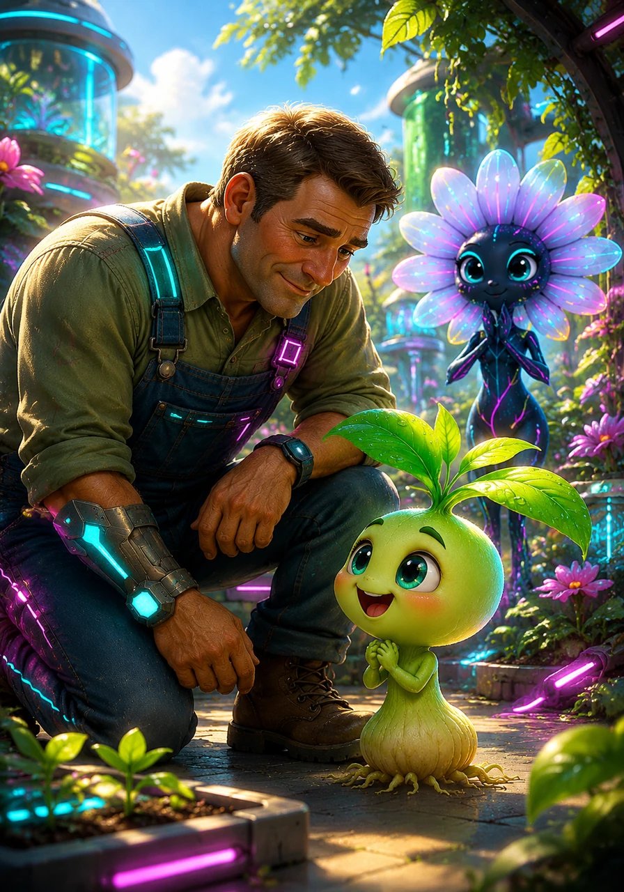 Farmer Ben walked through the vibrant garden one sunny afternoon, pausing right in front of Sunny with a proud smile. Sunny felt a wave of happiness wash over him, realizing that true success didn't mean being the tallest or the most beautiful, but simply never giving up.