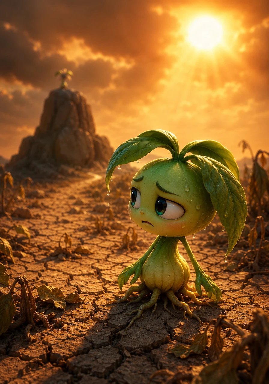 As summer reached its peak, a terrible drought arrived, turning the garden soil dry and cracking under the heat. Though his leaves drooped and his stem felt weak, Sunny looked back at the rock, the storm, and his old doubts, finding the inner strength to hold on through the challenge.