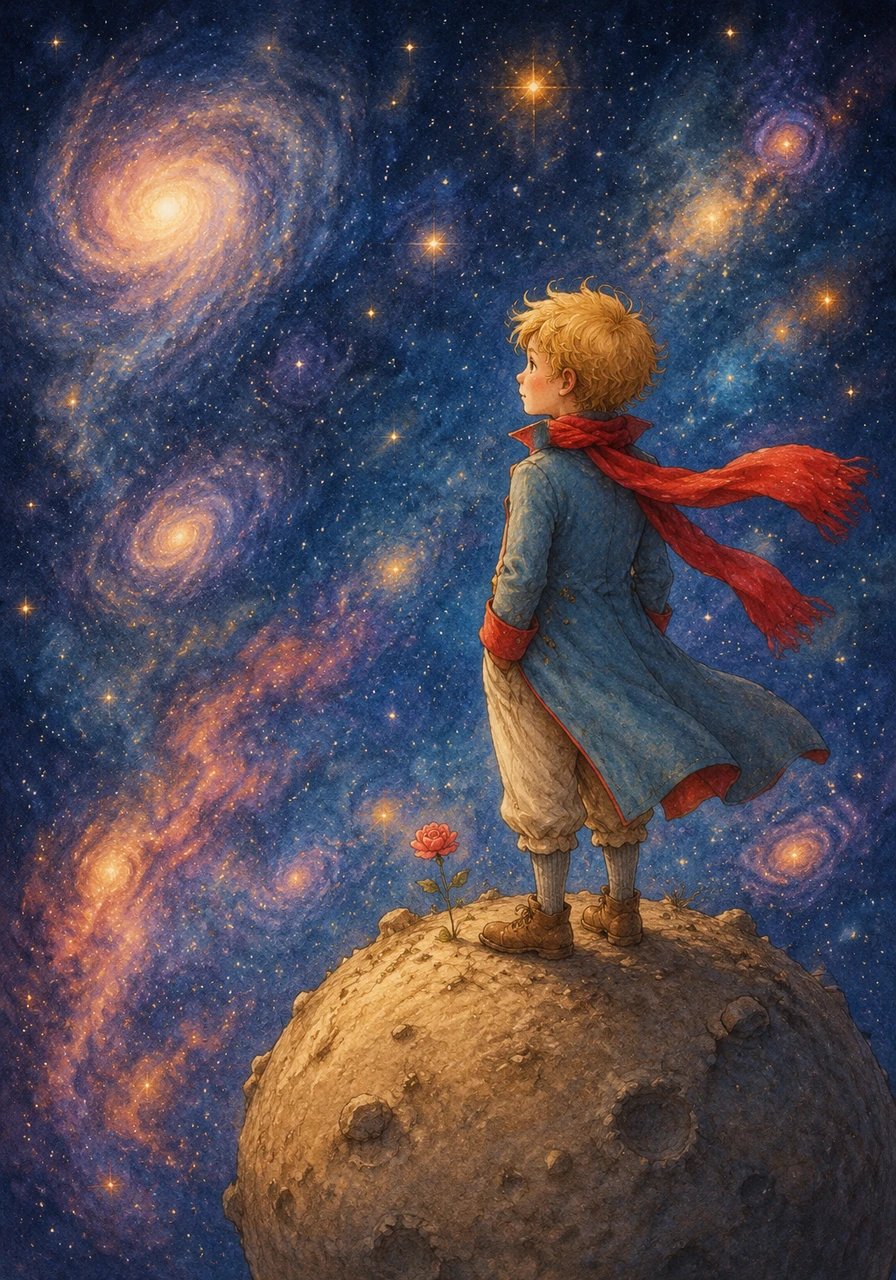 High up in the sea of stars, an eleven-year-old boy named the Little Prince lived on a tiny planet no bigger than a house, known as Asteroid B612. Dressed in his favorite sky-blue coat and a bright red scarf that fluttered in the cosmic breeze, he looked out across the vast universe with gentle, curious eyes.