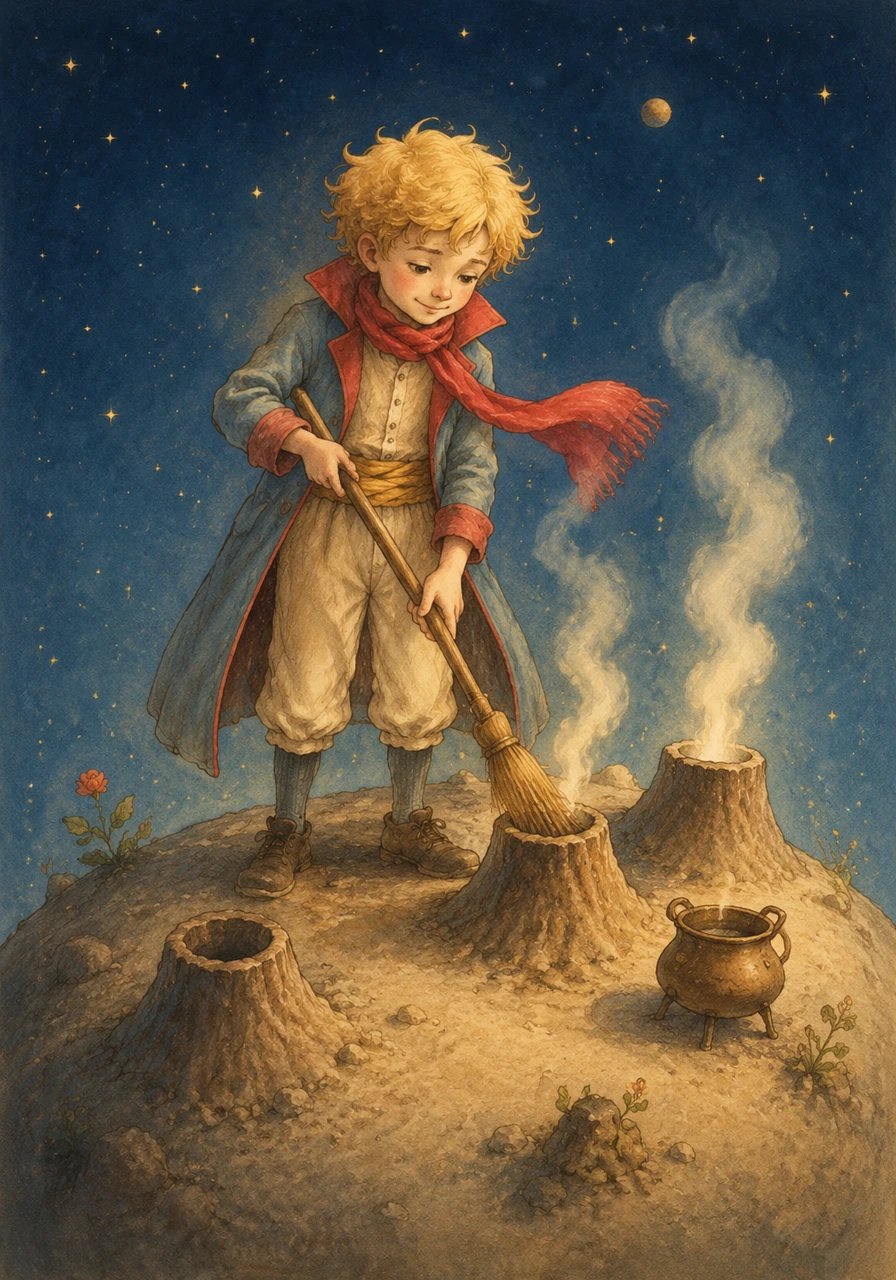 Every morning, the Little Prince began his daily chores by carefully sweeping out his three small volcanoes. Two of them were active and warmed his breakfast, while the third was extinct, but he cleaned it anyway because one never knew what might happen.