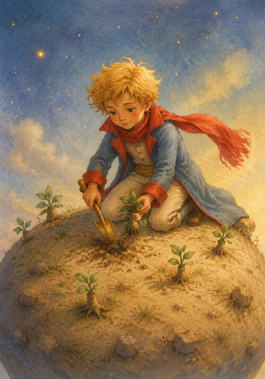 The planet was also home to dangerous baobab seeds that hid deep within the soil. With a tiny brass spade, the boy diligently pulled up the tiny green sprouts before their giant roots could pierce through the heart of his small home.