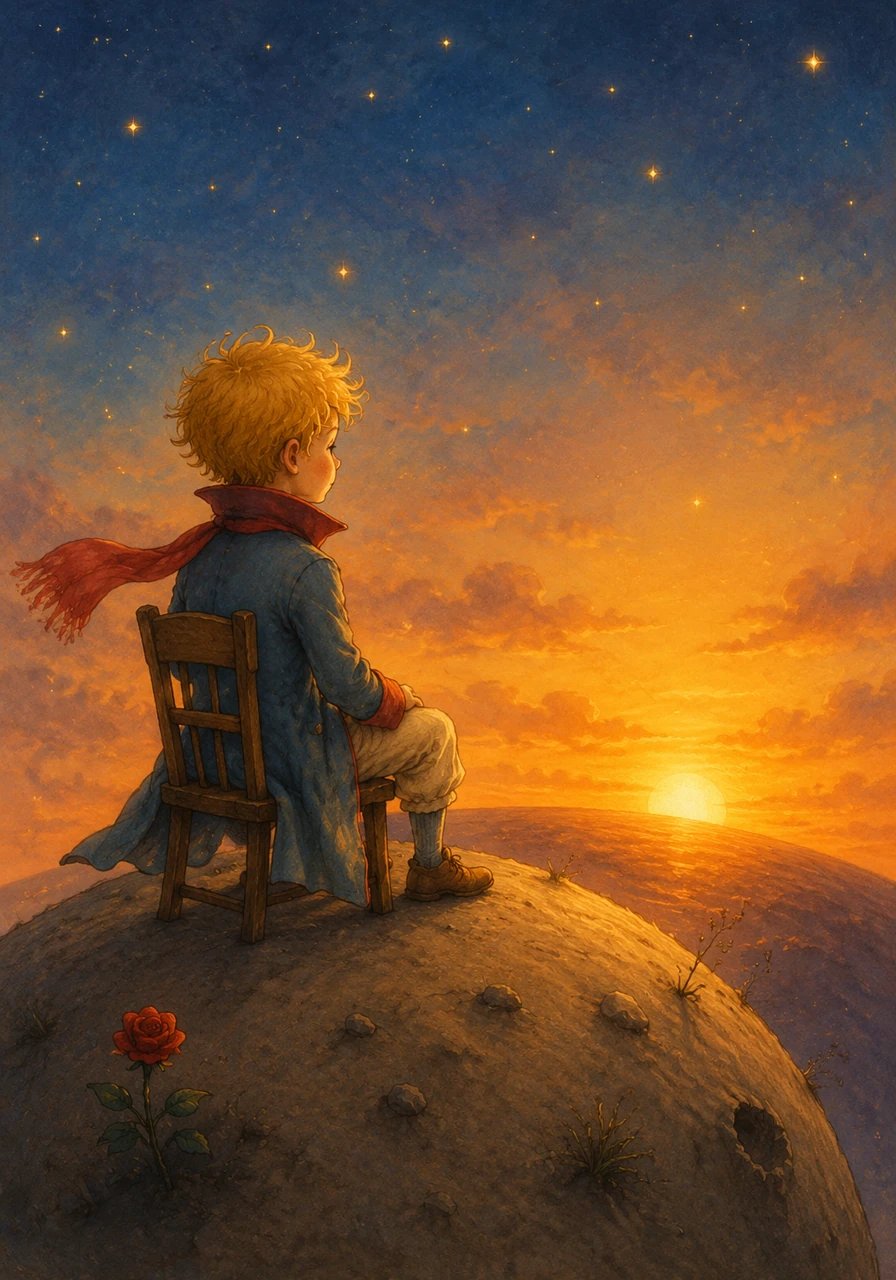 After a morning of hard work, the Little Prince loved to pull his wooden chair to the edge of the asteroid. Because his planet was so small, he could watch the glowing sun dip below the horizon dozens of times a day just by moving his seat a few steps.