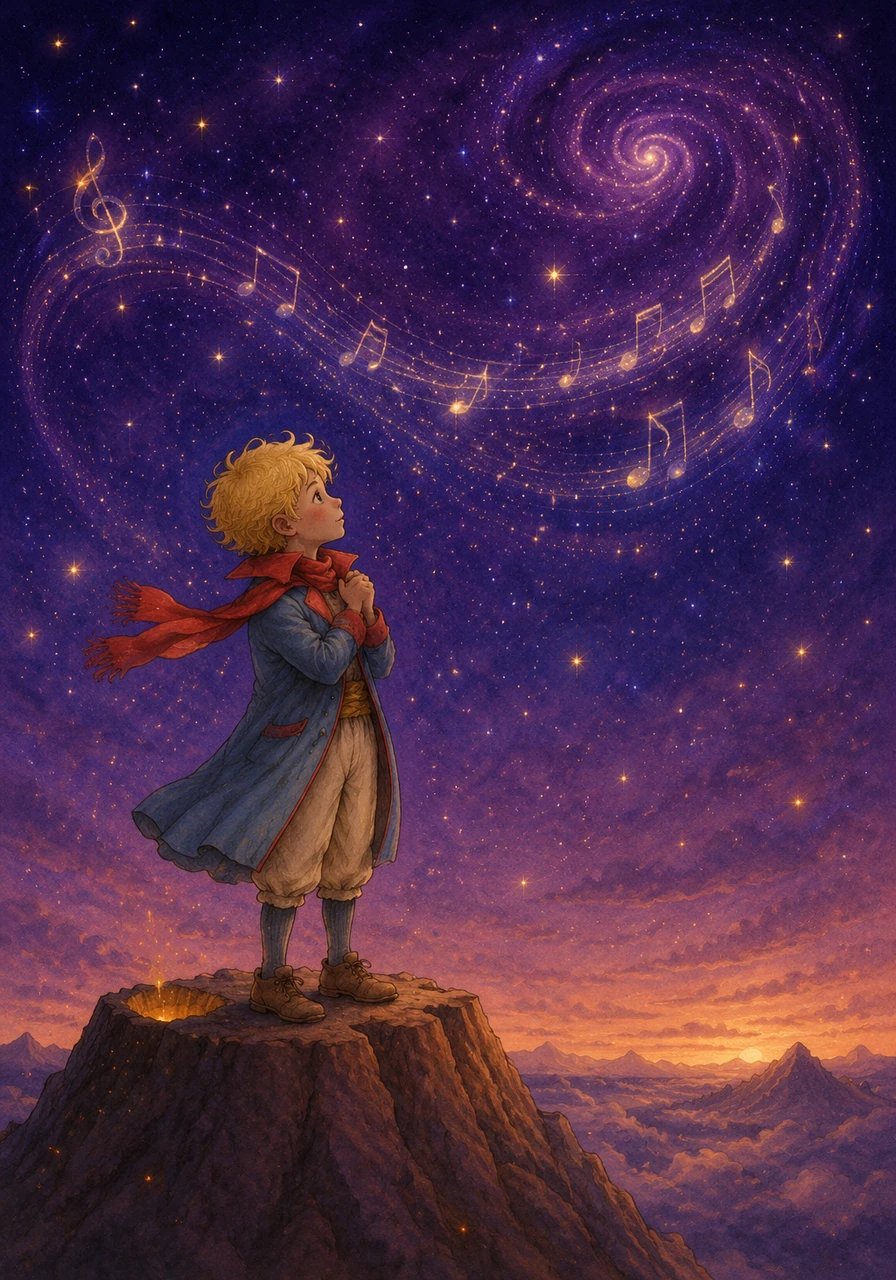 One evening, as the sky turned a deep shade of violet, a strange and beautiful melody echoed from the stars. The Little Prince stood atop his highest volcano, holding his red scarf tight against the cool night breeze as he listened to the music of the galaxy.
