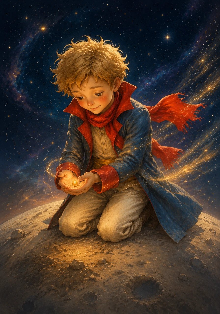 The next day, while tending to the soil, he discovered a tiny, shimmering golden seed unlike any baobab he had ever seen. He knelt down on the soft stardust, shielding it from the solar wind with his hands and wondering what kind of wonder it would bring.