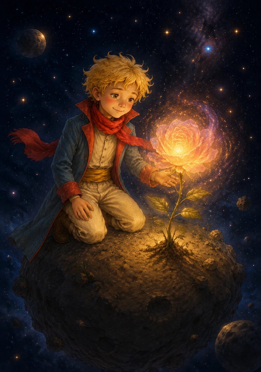 Under his loving care, the golden sprout grew into a brilliant, glowing cosmic flower with petals that shimmered like distant nebulae. The Little Prince smiled warmly, realizing that his tiny asteroid was no longer a lonely place.