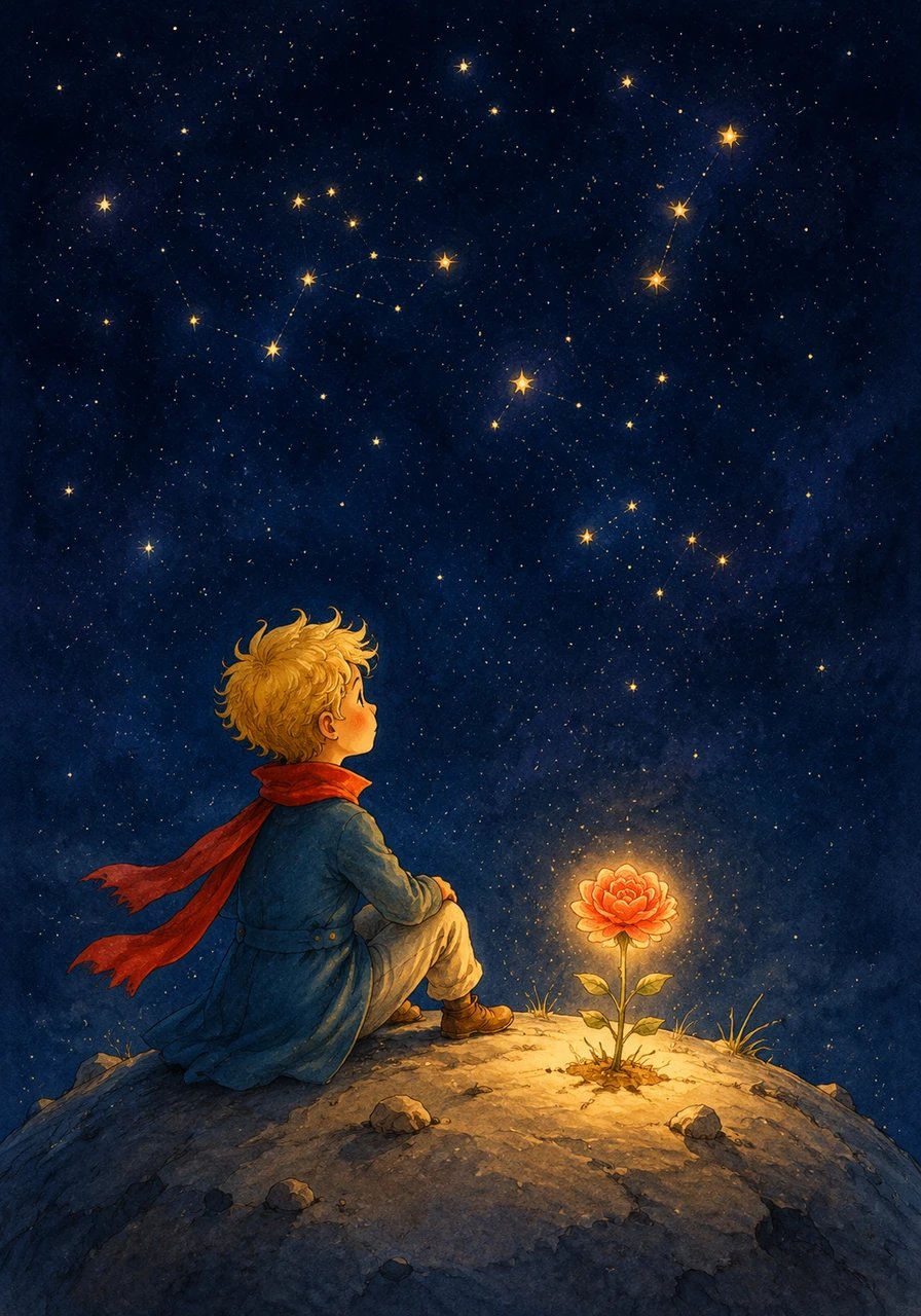 As night fell, the flower cast a soft, soothing light across the entire surface of Asteroid B612. The Little Prince sat beside his new friend, looking up at the twinkling constellations and feeling deeply connected to the entire universe.