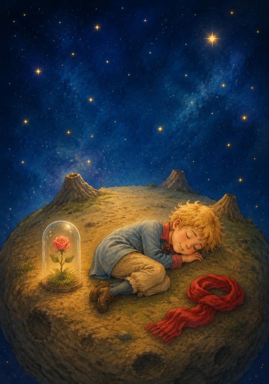 With his volcanoes clean, the baobabs cleared, and his precious flower safe under the stars, the Little Prince curled up to sleep. His red scarf rested gently beside him as he dreamed of new worlds, knowing his own small home was perfectly loved and protected.