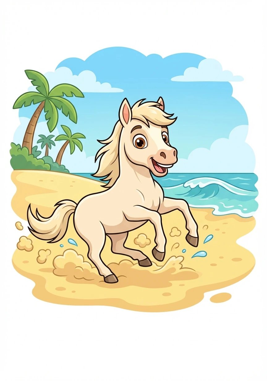 Spirit, un jeune cheval sauvage, vivait près d'une magnifique plage. Il adorait sentir le sable doux sous ses sabots.