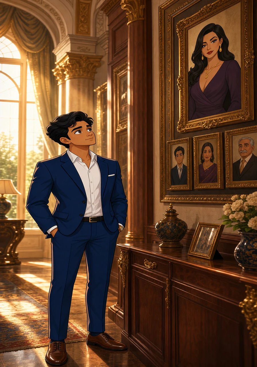 Raised in an opulent estate by two loving adoptive fathers, Rahul enjoyed a life of privilege, yet an aching void remained regarding his origins. Soft golden sunlight streamed through high windows as he stared at old family portraits, yearning to understand the mysterious mother who had given him away at birth.