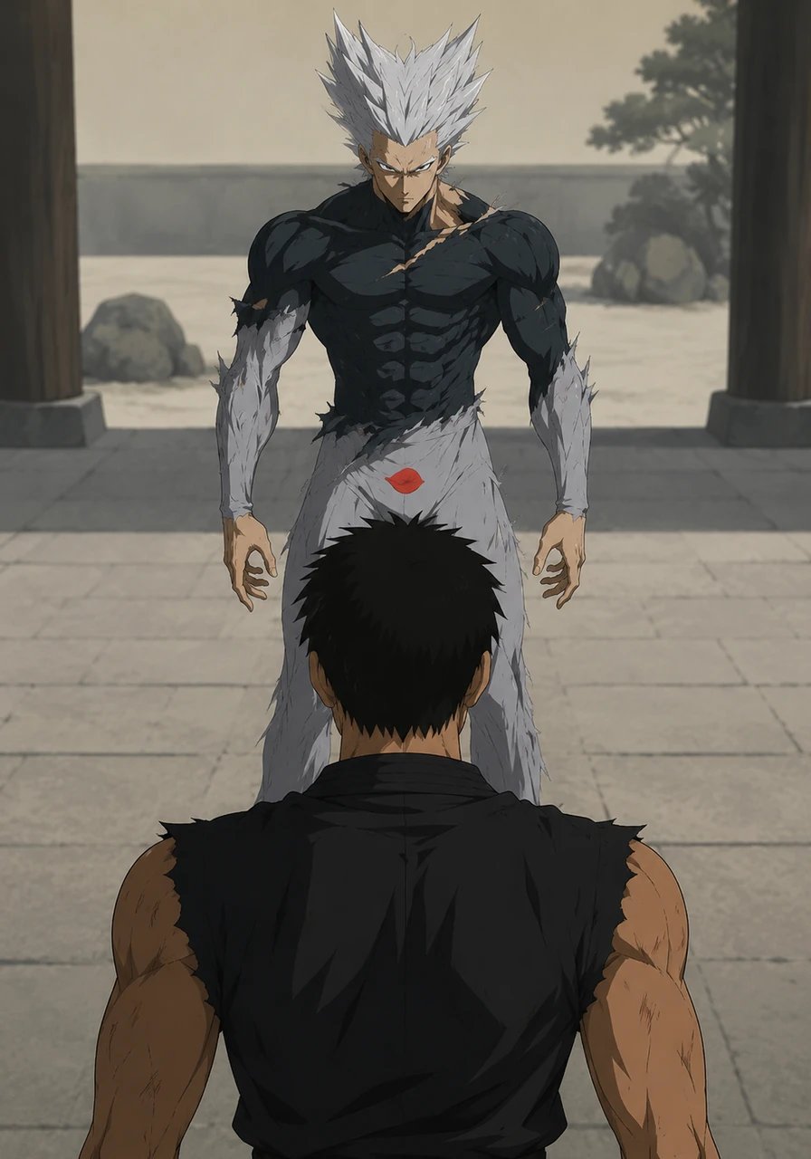A single, crimson rose petal drifts gently through the tense air, a stark contrast to the tears welling in the young challenger's eyes. The emotional weight of the upcoming clash hangs heavily between the two martial artists.