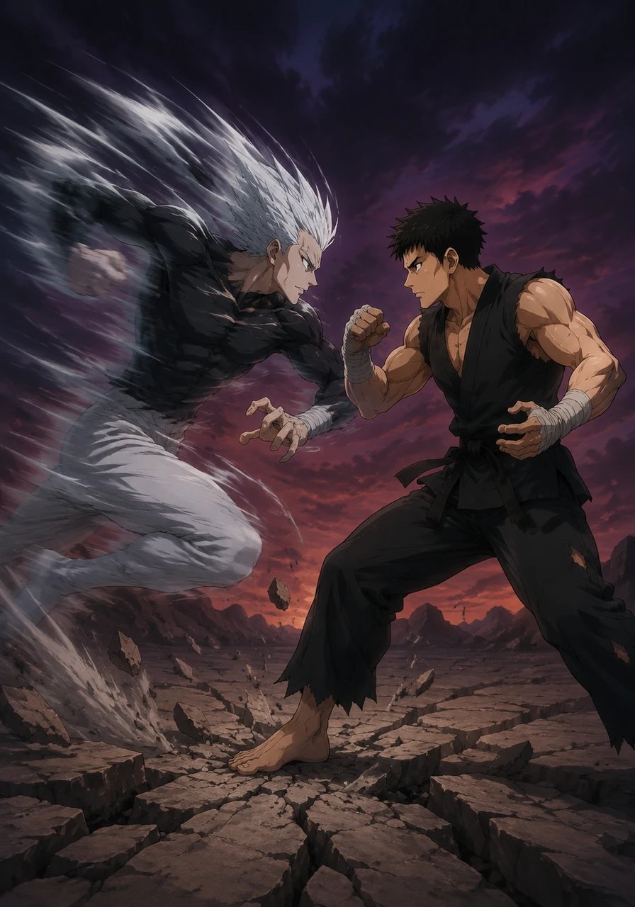 Garou moves with blinding speed, a silver blur against the darkened sky as he tests the defenses of his new rival. The ground shatters beneath their feet, echoing the intense clash of their opposing philosophies.
