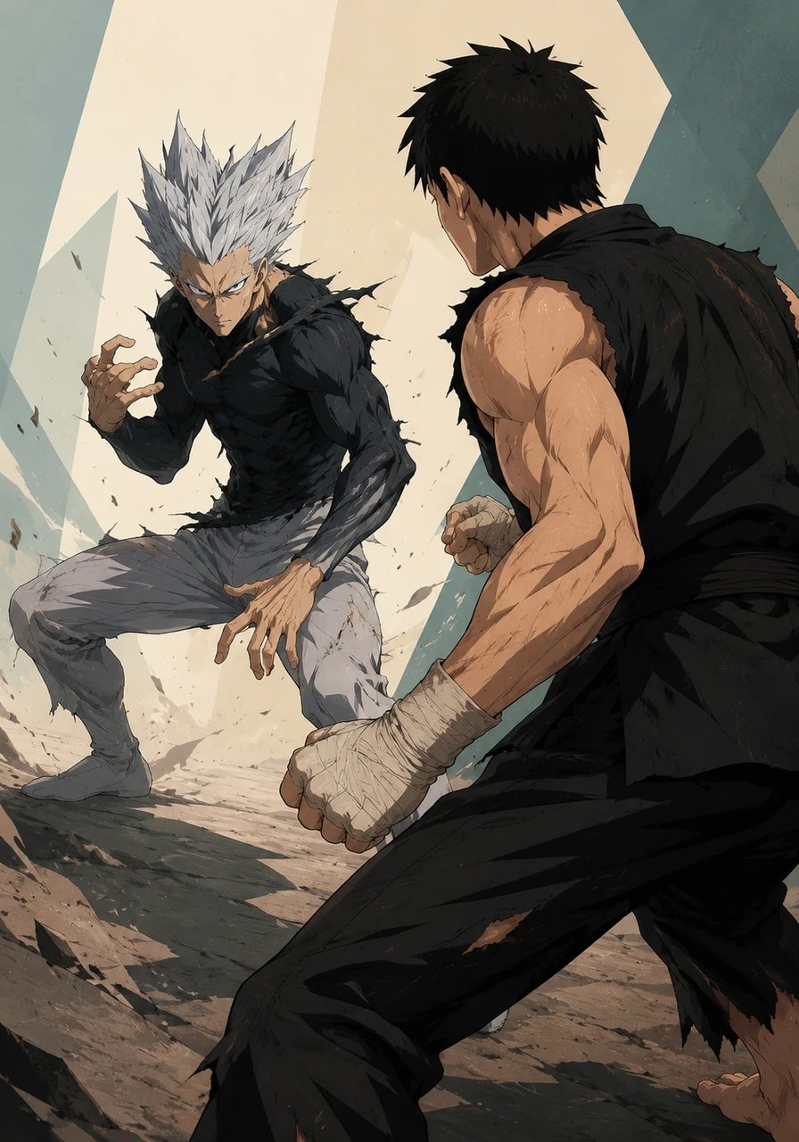 Garou observes the young warrior's resolve with a sharp, approving glance, recognizing the burning passion of a true martial artist. He pushes his own limits further, demanding nothing less than absolute perfection from the fight.