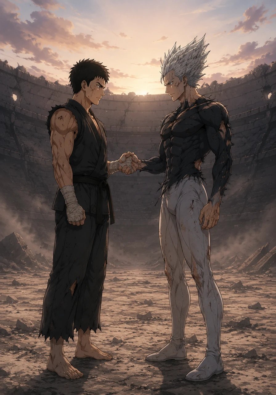 As the dust begins to settle over the battered arena, both fighters stand exhausted, their breathing heavy in the quiet dawn. The tears of frustration transform into a mutual understanding of the sacrifices required to reach the top.
