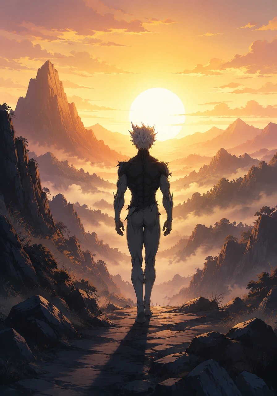 Garou turns his back to the rising sun, his iconic silhouette fading into the misty horizon as he prepares for his next destination. His legendary pose remains etched in the memory of the valley, an eternal symbol of unyielding determination.