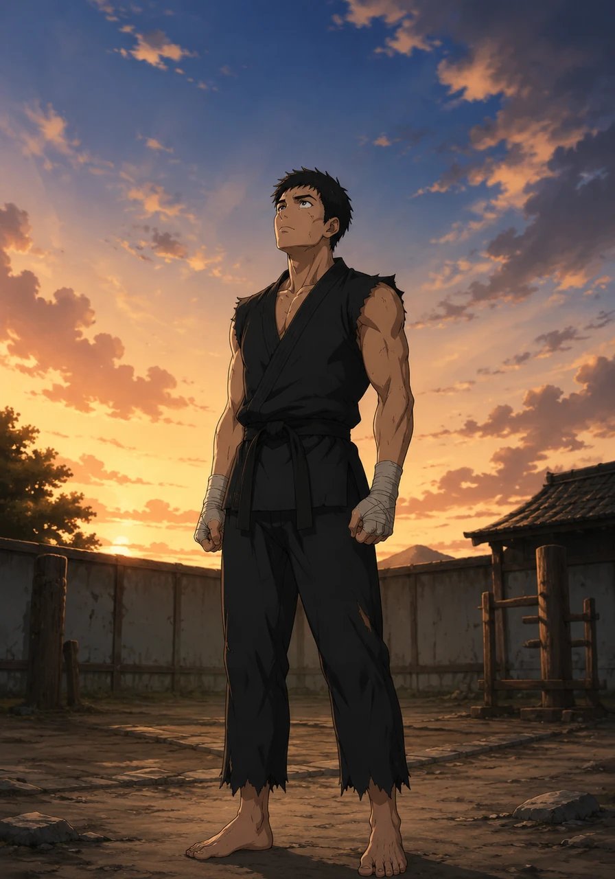 Left behind in the quiet training grounds, the Son Hunter looks up at the sky with renewed purpose and a clear mind. The tears are gone, replaced by a steady gaze and a heart ready to embark on his own path to greatness.