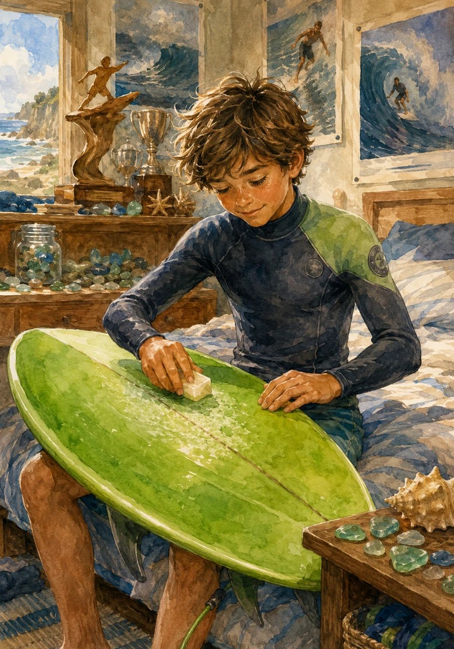 Ten-year-old Kai lived for the ocean, spending every free moment checking the tide charts and waxing his favorite neon-green surfboard. His room in the sleepy coastal town of Driftwood Bay was cluttered with surf trophies, sea glass, and posters of legendary big-wave riders.