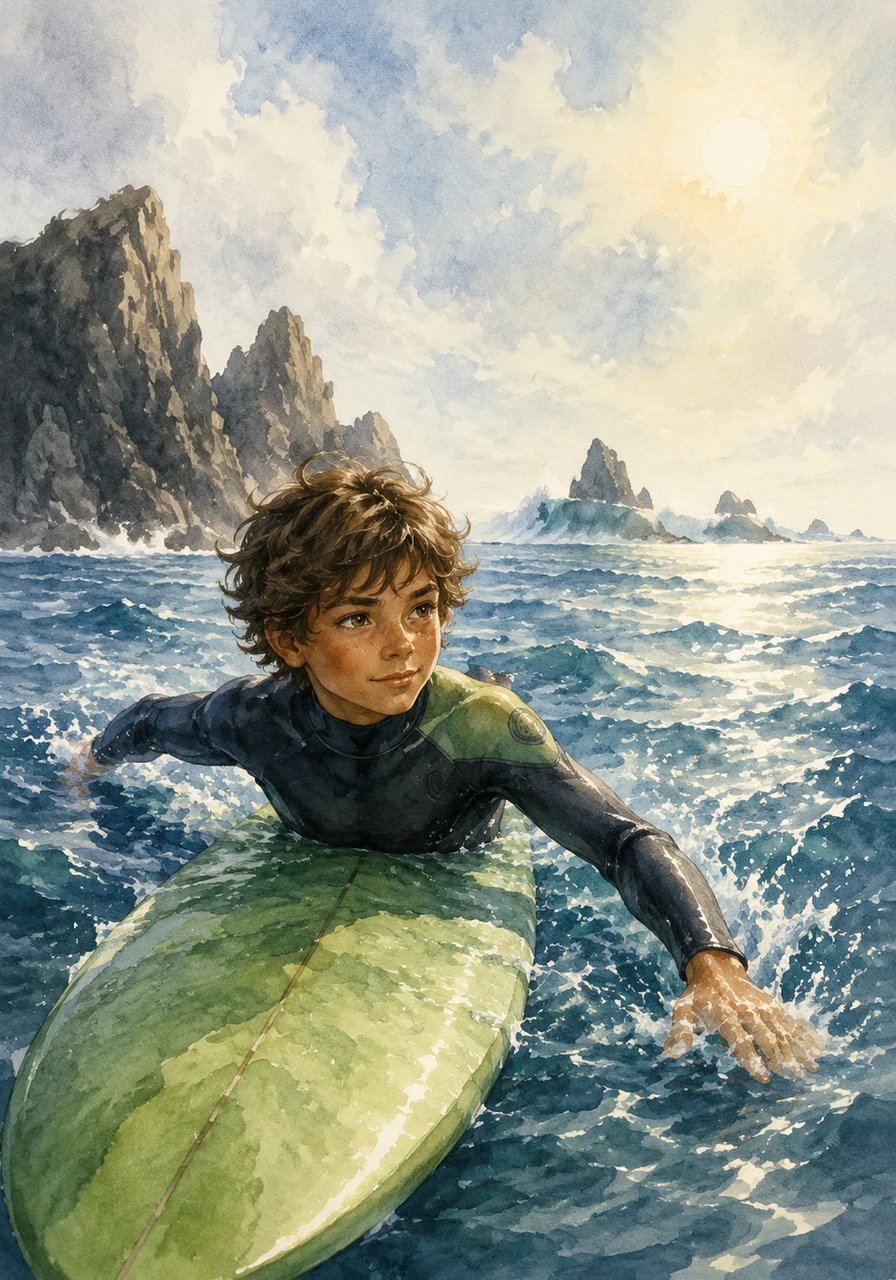 One sunny morning, Kai spotted an unusual break far out past the rocky cliffs, a place the local surfers called the Forbidden Reef. Ignoring the old warning signs, he paddled out into the cool, shimmering water, his heart pounding with equal parts nervousness and excitement.