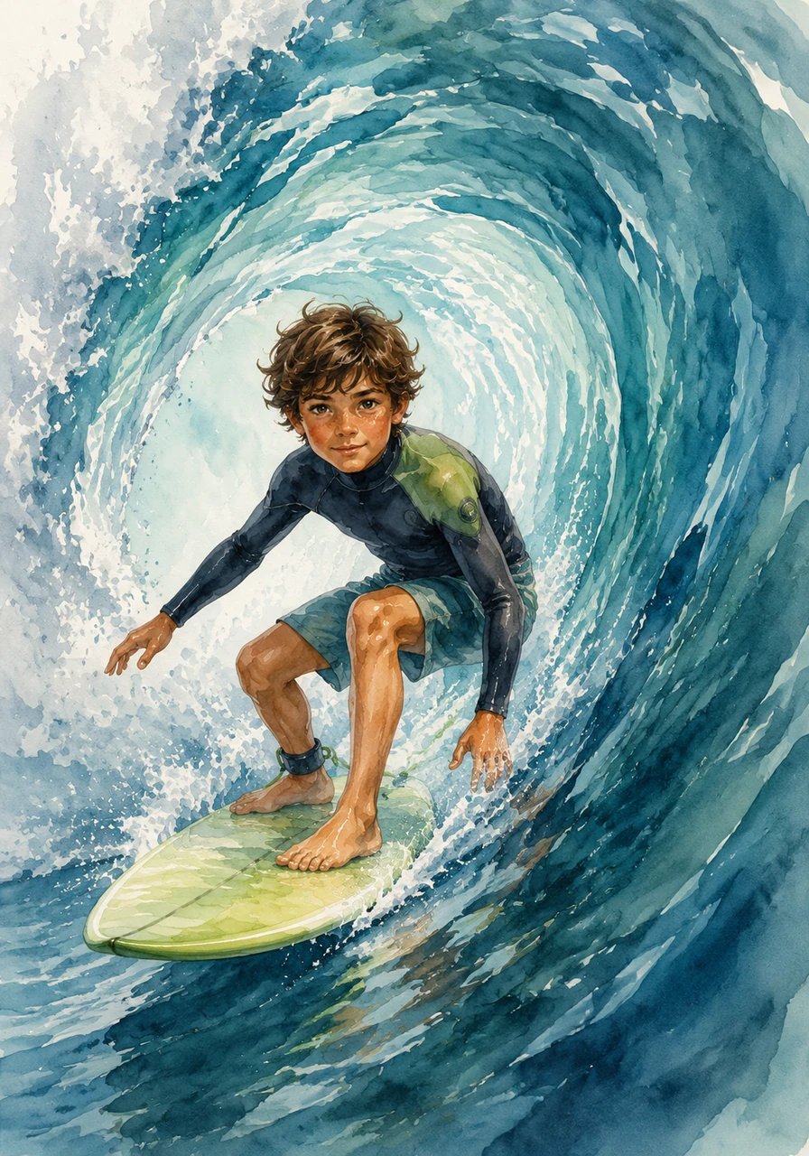 As he reached the reef, the ocean swelled, lifting Kai onto a massive, glassy wave that felt larger than anything he had ever ridden before. He stood up swiftly, balancing perfectly on his board as he carved a path through the roaring, translucent barrel of water.