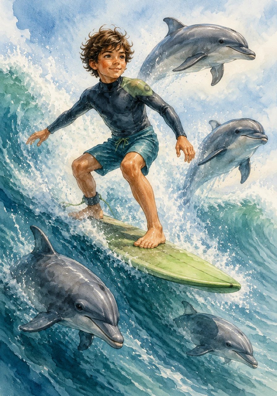 From the crest of the wave, Kai noticed a pod of dolphins dancing in the surf beside him, their sleek bodies leaping in harmony with his movements. In that magical moment, he felt completely connected to the pulse of the sea, realizing this secret spot was something truly extraordinary.