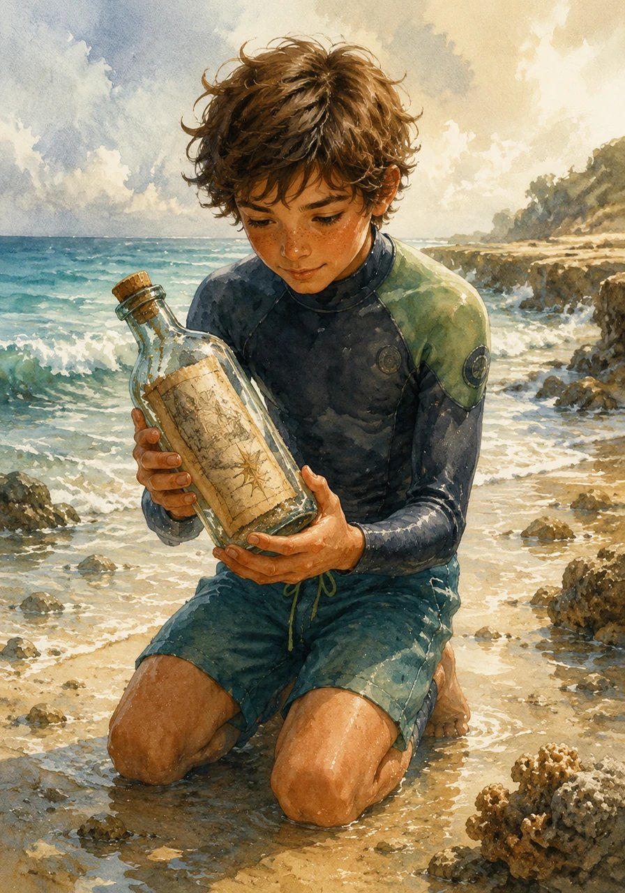 When he finally washed ashore, Kai discovered an old, weathered glass bottle buried in the wet sand, containing a fading map of the very reef he had just surfed. The map revealed hidden underwater caves and a glowing star marking a forgotten treasure or a secret known only to the ancient mariners.