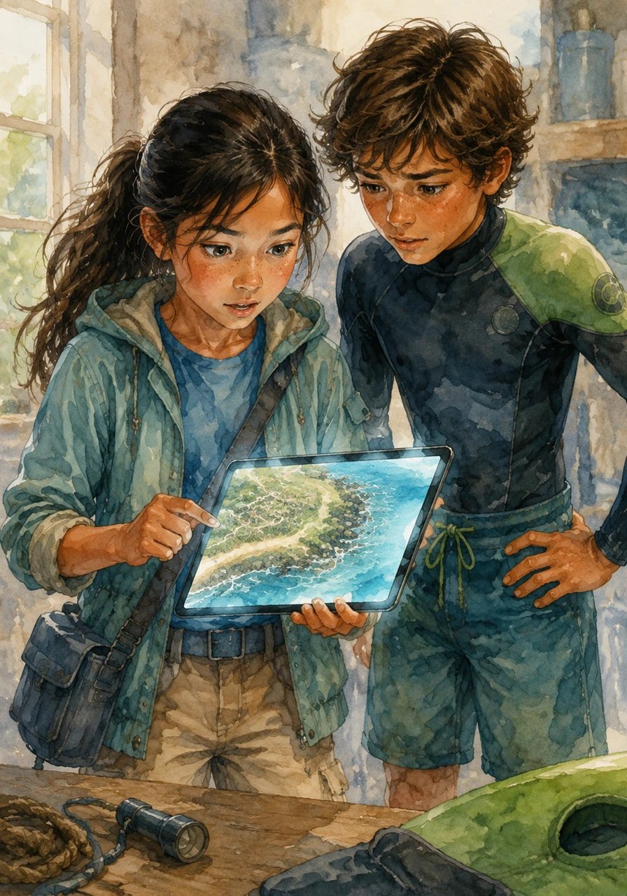 The next day, Kai shared his discovery with his best friend Maya, a tech-savvy girl who quickly scanned the map to find a startling truth. A large commercial shipping company was planning to build a mega-pier right over the fragile coral ecosystem of the Forbidden Reef.