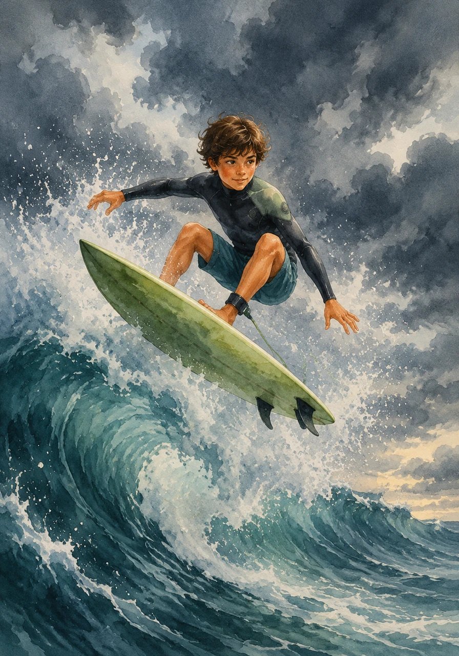 The final heat of the competition brought a massive storm swell, churning the ocean into a wild, foaming arena of giant water walls. Kai paddled out fearlessly, executing a brilliant series of sharp turns and gravity-defying aerial maneuvers that left the judges and the crowd gasping in awe.