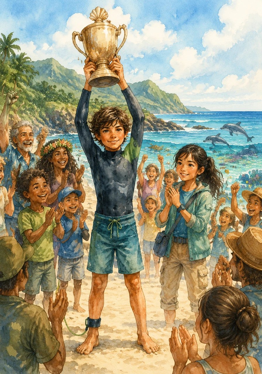 Holding the championship trophy high above his head, Kai celebrated on the beach surrounded by his cheering friends, family, and the entire community. The Forbidden Reef was officially declared a protected marine sanctuary, ensuring that Kai and the generations after him would always have a wild ocean to ride.