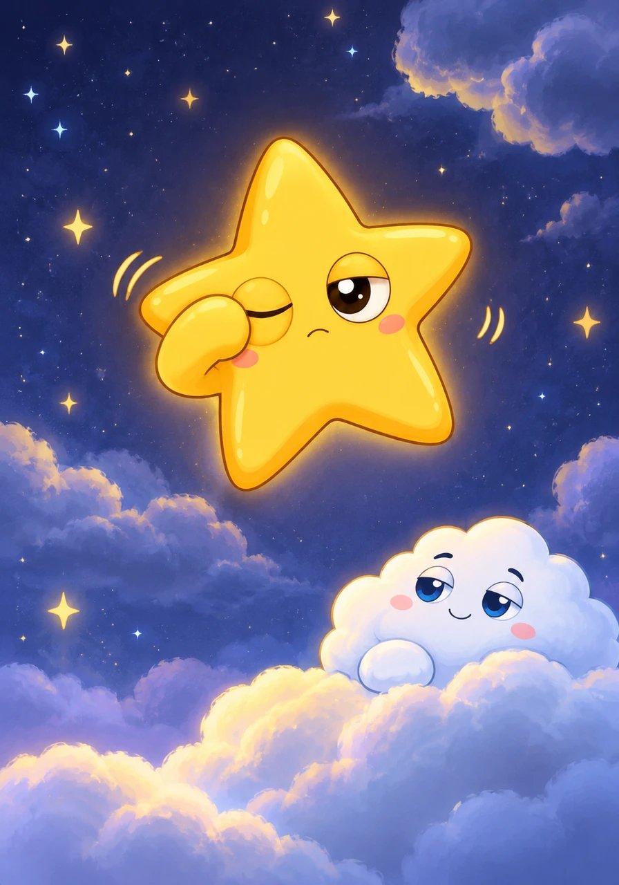 High up in the velvety indigo night sky, Pip the tiny star twinkled with a faint, sleepy glow. Even though his golden rays felt heavy, Pip rubbed his big round eyes and shook his head, determined to stay awake.