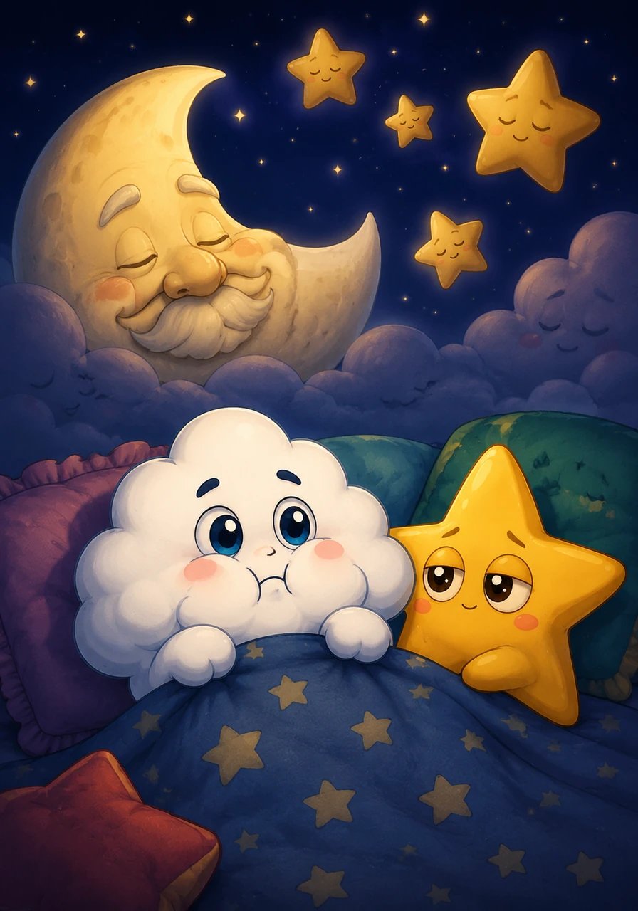 All around Pip, the older moon and bigger stars whispered quiet goodnights, slipping peacefully into cozy shadows. But Pip puffed out his cheeks, convinced that as soon as he closed his eyes, the real midnight party would begin without him.